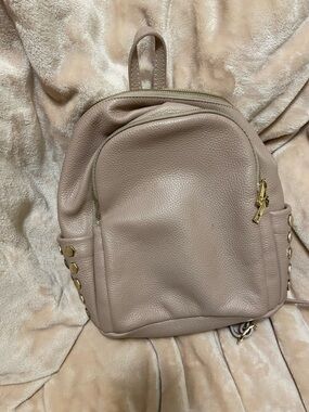 Pebbled Mini Backpack in Taupe with Gold Stud Accents